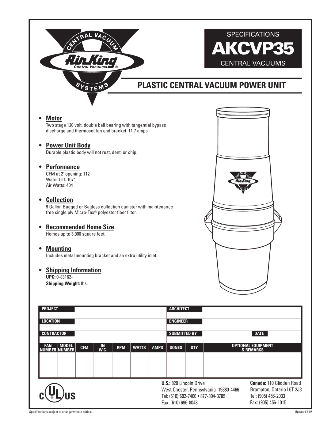 Air King AKCVP35 specifications Plastic Central Vacuum Power Unit 