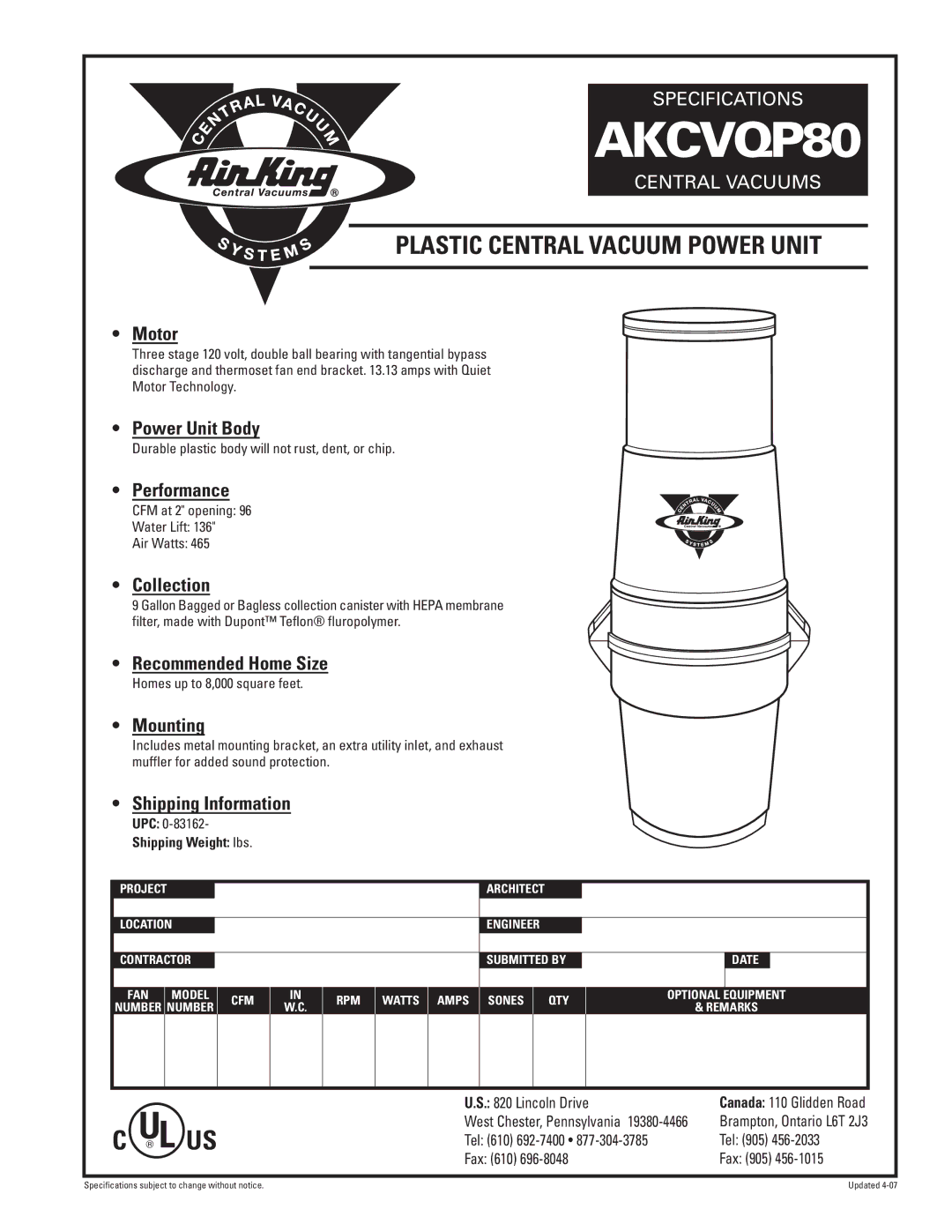 Air King AKCVQP80 specifications Plastic Central Vacuum Power Unit 