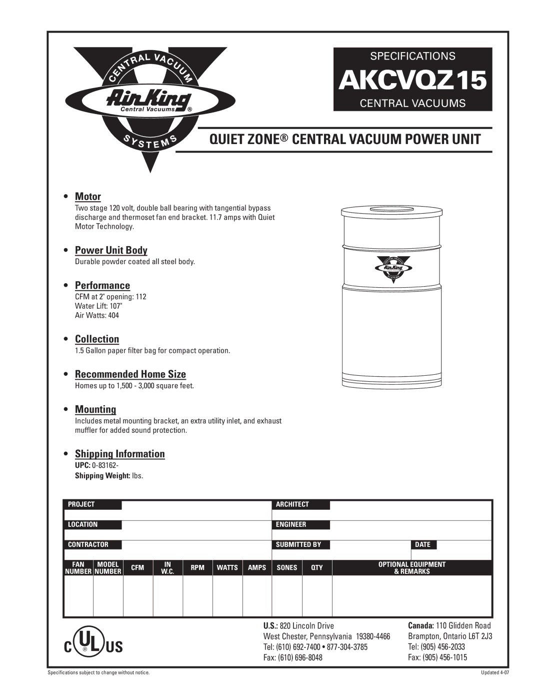 Air King AKCVQZ15 specifications Quiet Zone Central Vacuum Power Unit 