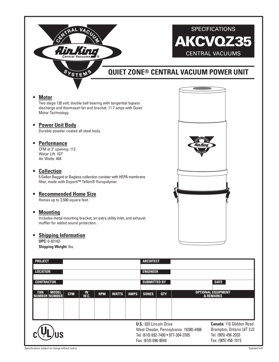 Air King AKCVQZ35 specifications Quiet Zone Central Vacuum Power Unit 