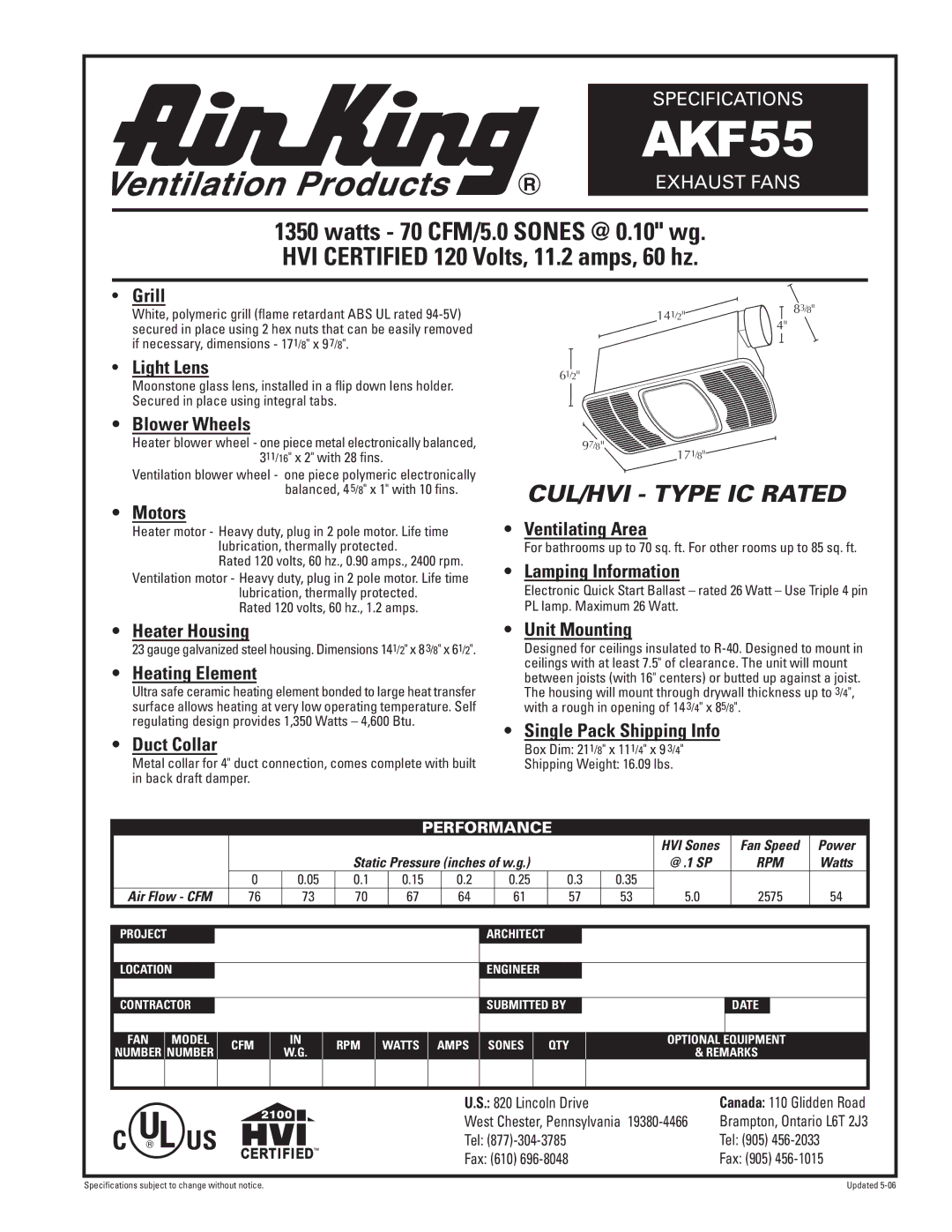 Air King AKF55 specifications Grill, Light Lens, Blower Wheels, Motors, Ventilating Area, Lamping Information, Duct Collar 