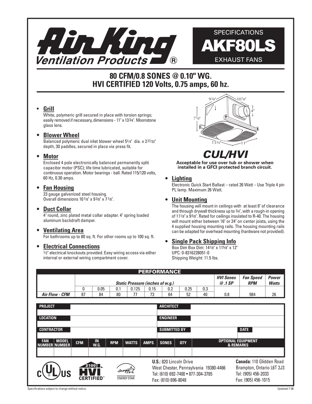 Air King AKF80LS specifications Grill, Blower Wheel, Motor, Fan Housing, Duct Collar, Ventilating Area, Lighting 