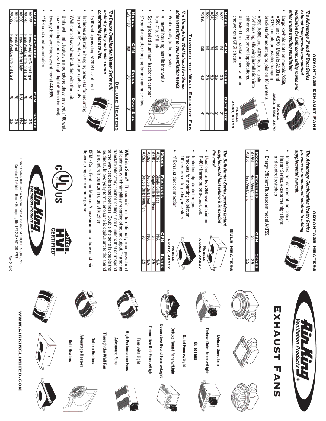 Air King AKF100LS4, AKF80LS4 manual Advantage Exhaust Fans Advantage Heaters, Bulb Heaters, Through the Wall Exhaust Fan 