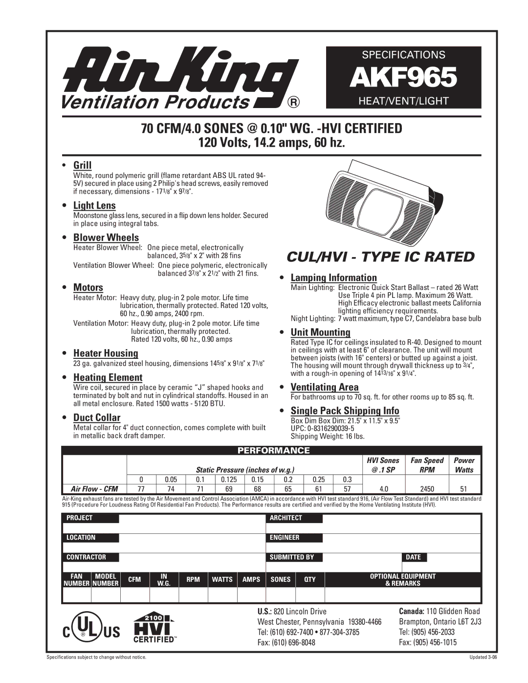 Air King AKF965 specifications Grill, Light Lens, Blower Wheels, Motors, Heater Housing, Heating Element, Duct Collar 