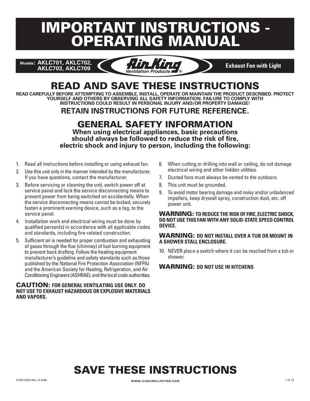 Air King AKLC703, AKLC701, AKLC702, AKLC709 manual Important Instructions Operating Manual, General Safety Information 