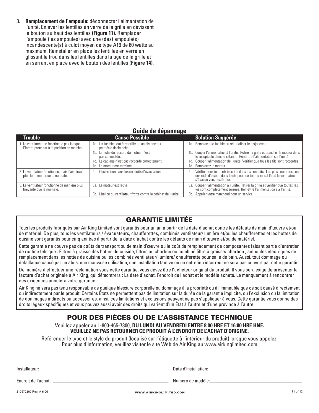 Air King AKLC709, AKLC701, AKLC703, AKLC702 manual Garantie Limitée, Pour DES Pièces OU DE L’ASSISTANCE Technique 