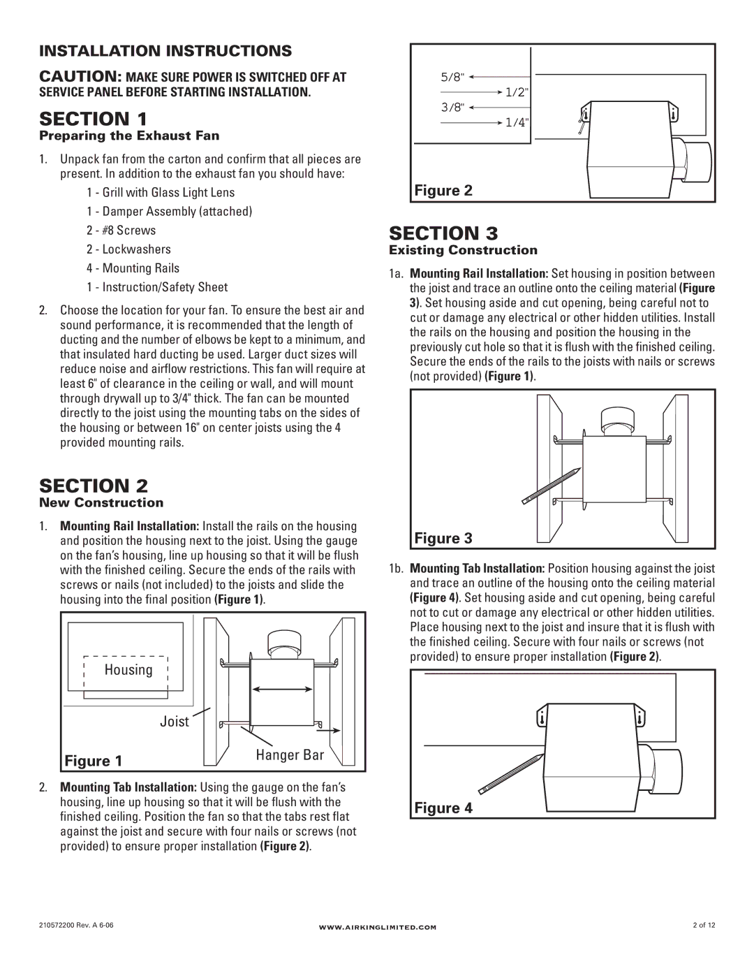 Air King AKLC702, AKLC701, AKLC703, AKLC709 manual Installation Instructions, Housing Joist, Hanger Bar 