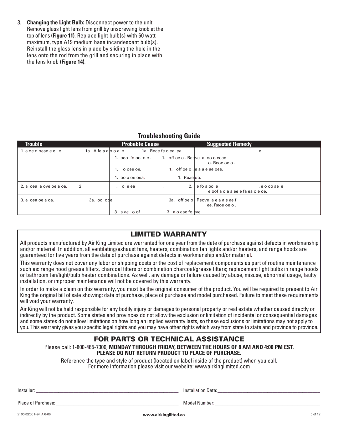 Air King AKLC703, AKLC701, AKLC702, AKLC709 manual Limited Warranty, For Parts or Technical Assistance 