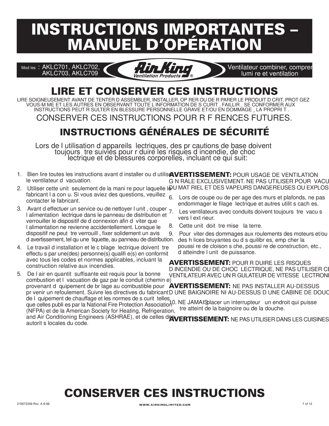 Air King AKLC709, AKLC701, AKLC703, AKLC702 Instructions Importantes Manuel D’OPÉRATION, Instructions Générales DE Sécurité 