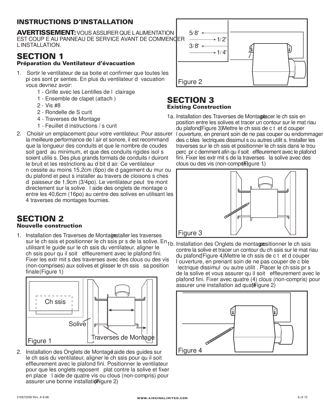 Air King AKLC701, AKLC703, AKLC702 Instructions D’INSTALLATION, Châssis Solive, Préparation du Ventilateur d’évacuation 