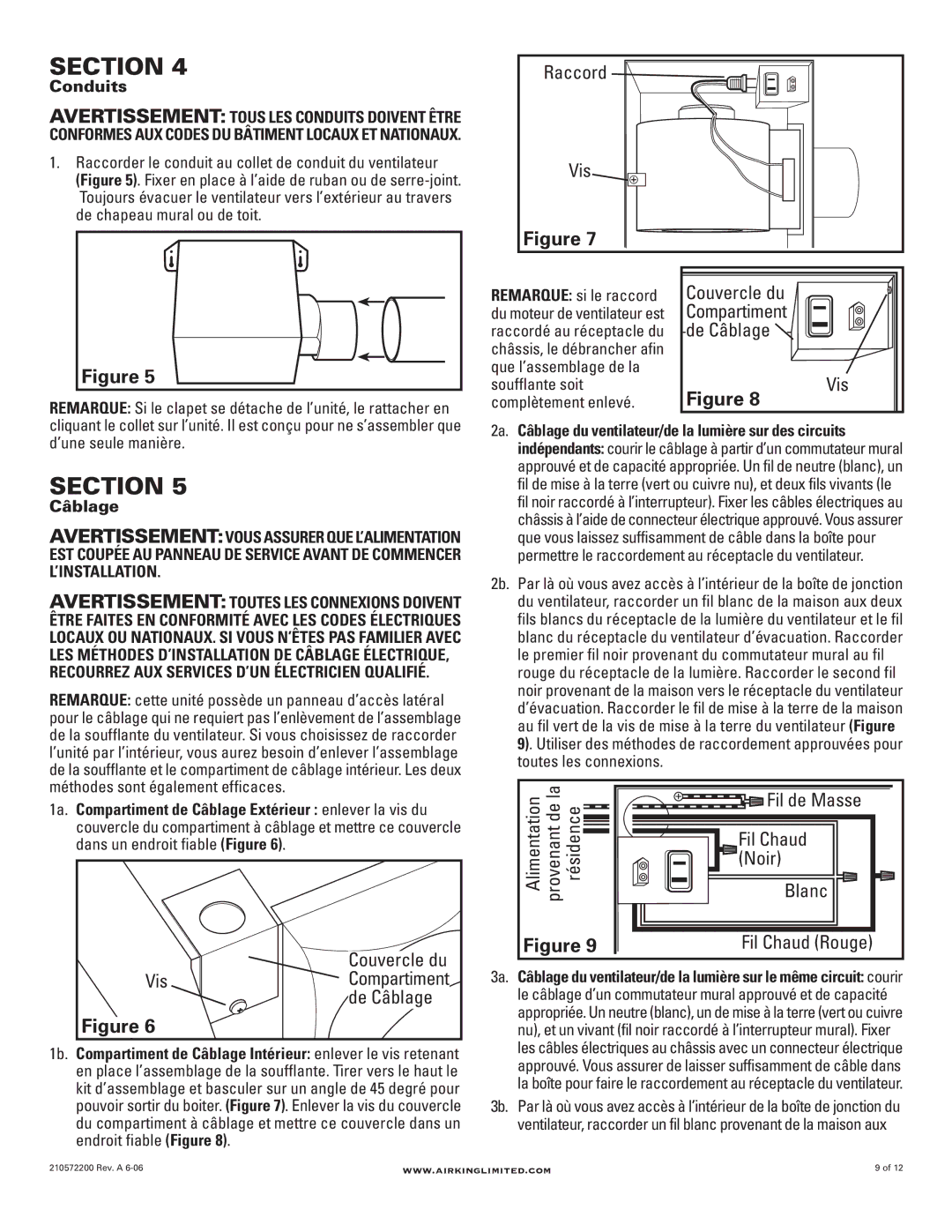 Air King AKLC703 manual Couvercle du VisCompartiment de Câblage, Raccord Vis, De Câblage, Résidence, Blanc, Fil Chaud, Noir 