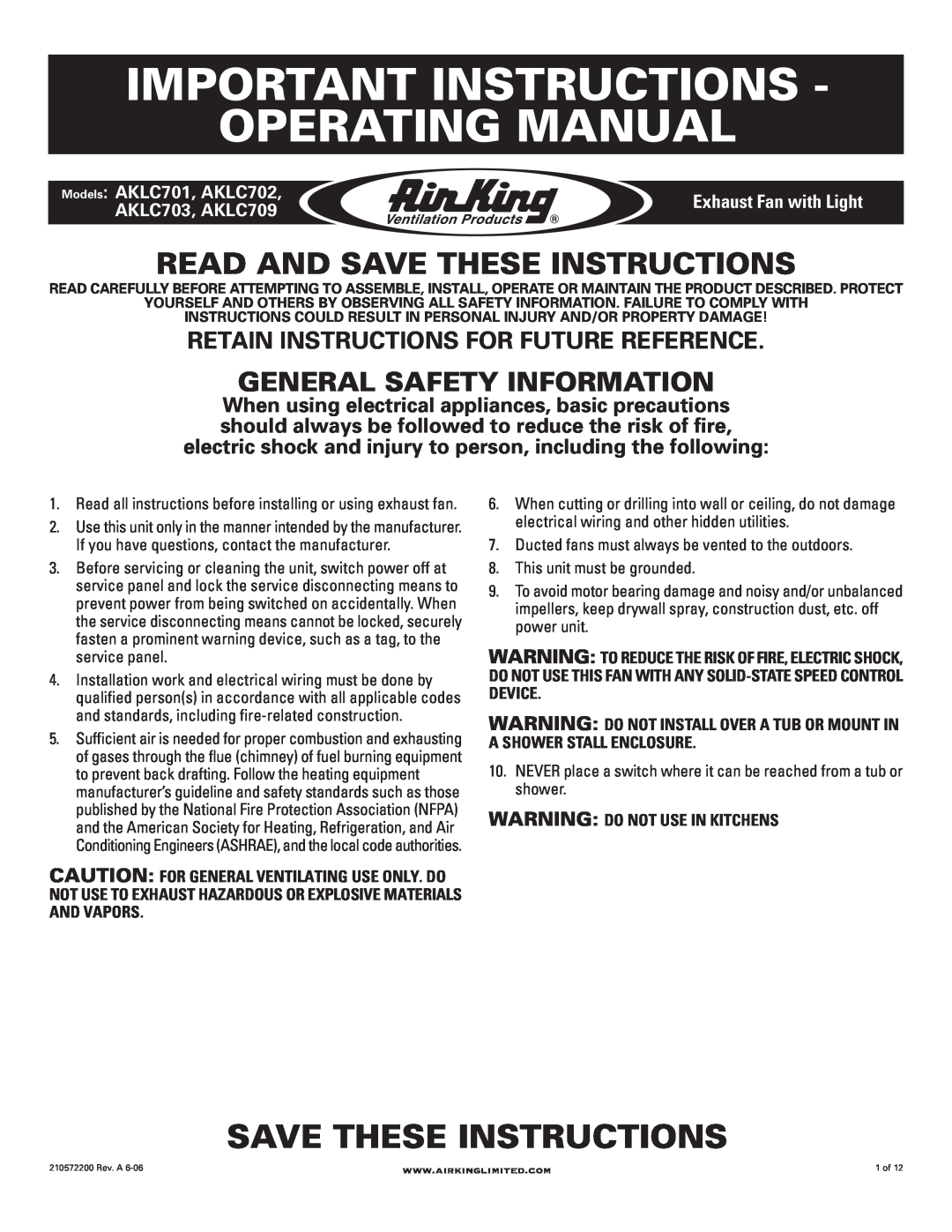 Air King manual Important Instructions Operating Manual, Read And Save These Instructions, AKLC703, AKLC709 