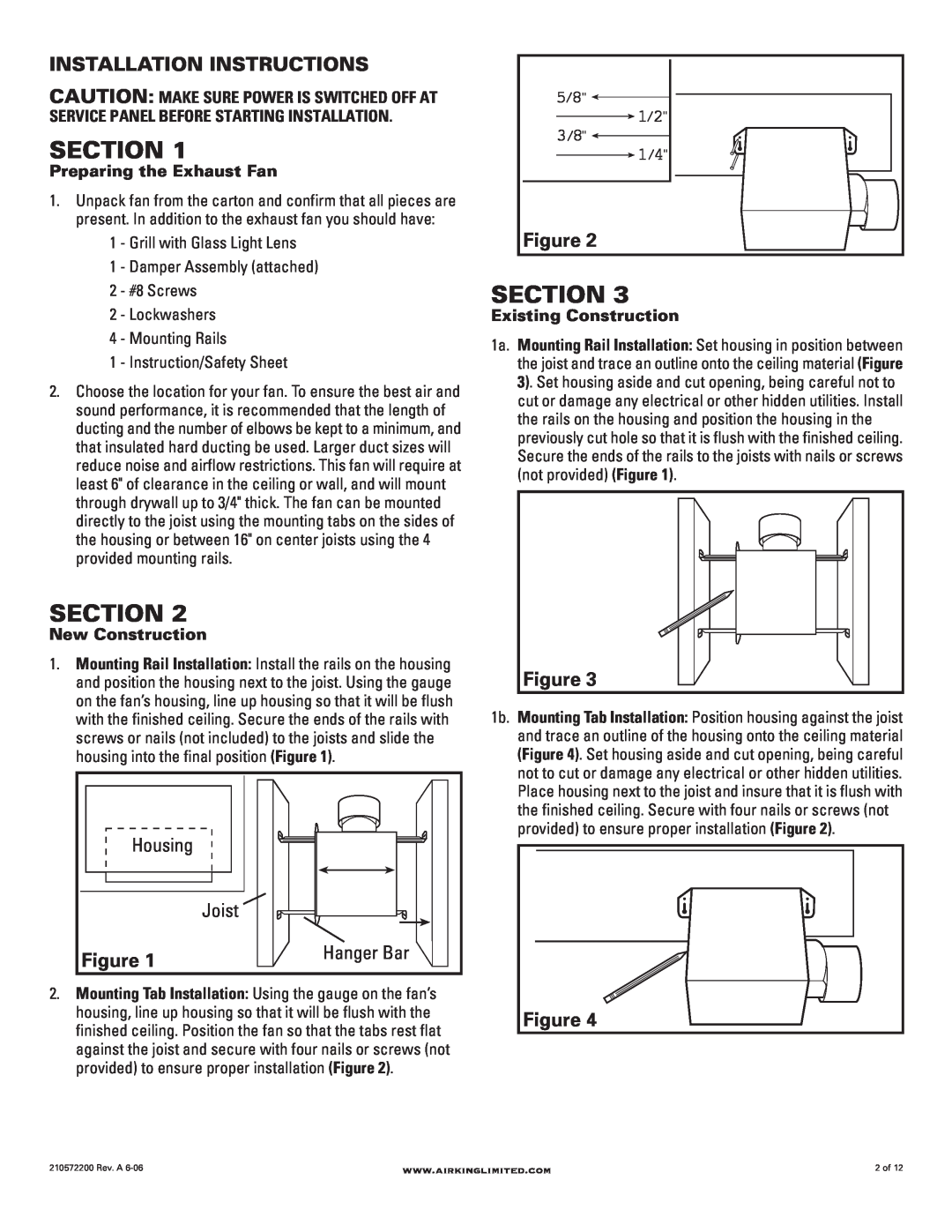 Air King AKLC702 manual Section, Installation Instructions, Figure, Housing, Joist, Hanger Bar, Preparing the Exhaust Fan 