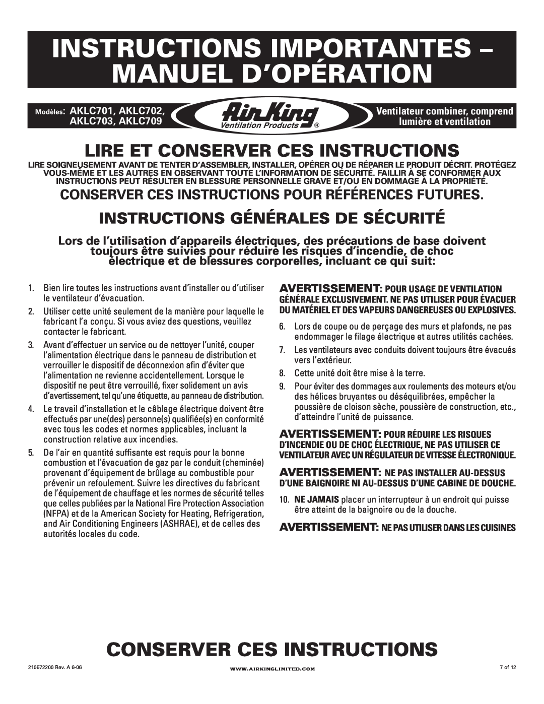Air King AKLC709, AKLC701, AKLC703, AKLC702 manual Instructions Importantes - Manuel D’Opération, Conserver Ces Instructions 