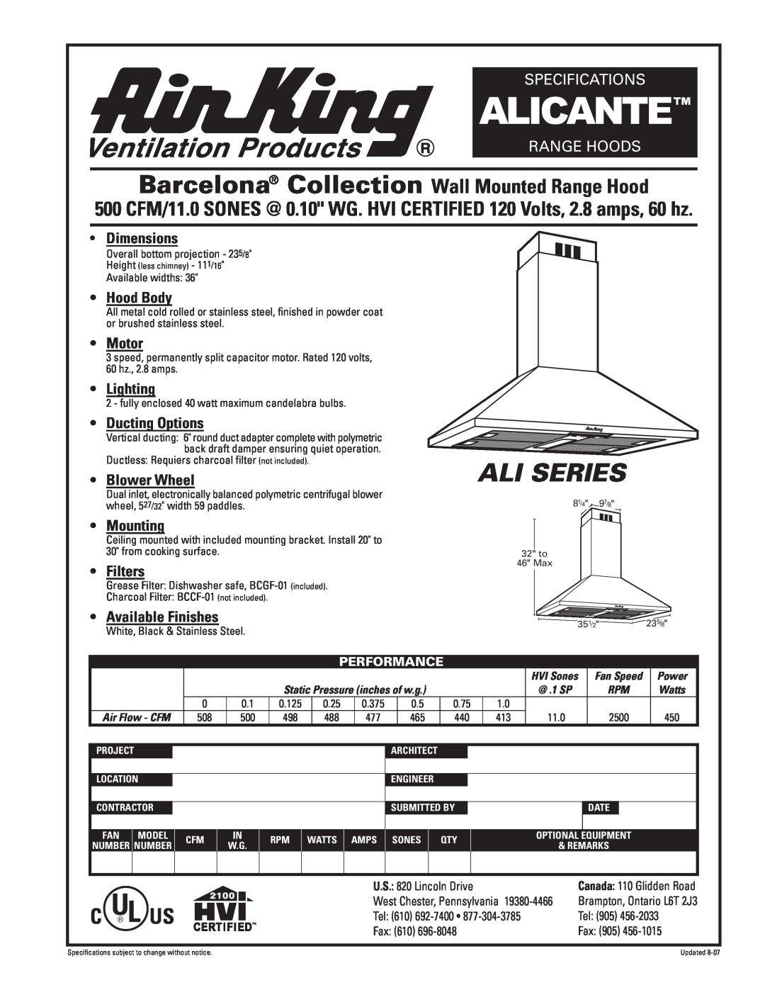 Air King Alicante specifications Ali Series, Barcelona Collection Wall Mounted Range Hood, Specifications, Range Hoods 