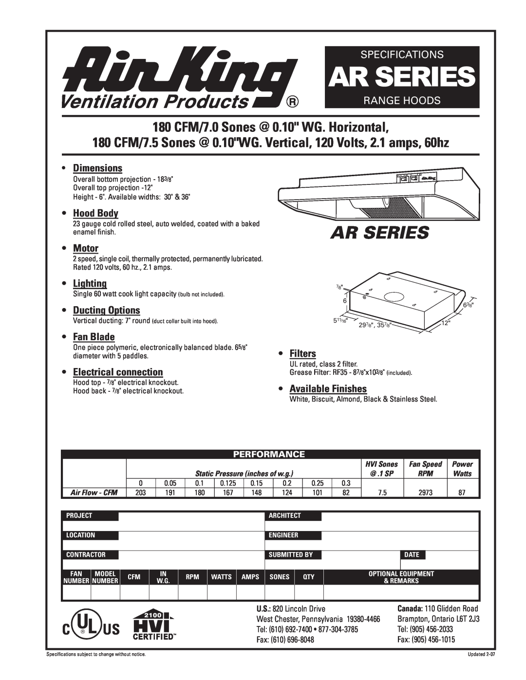 Air King AR Series specifications Ar Series, 180 CFM/7.0 Sones @ 0.10 WG. Horizontal, Specifications, Range Hoods, Motor 