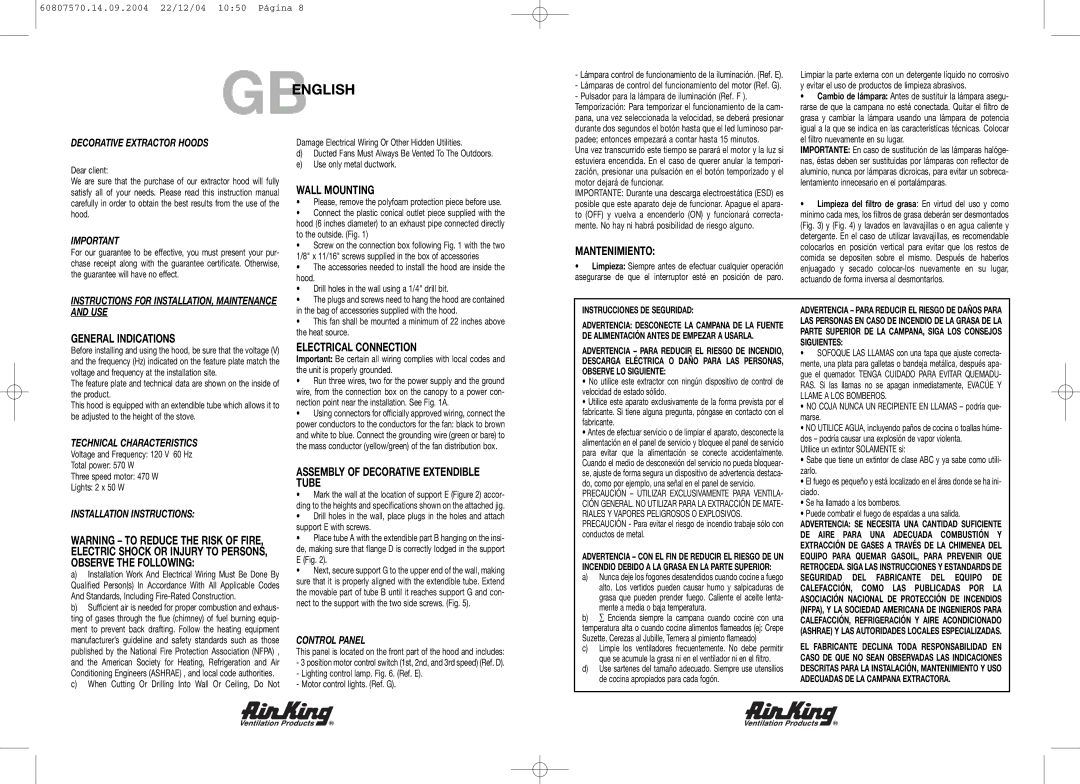 Air King ARA36GL manual Gbenglish 