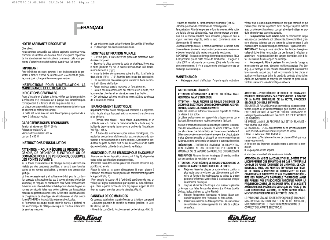 Air King ARA36GL manual Ffrançais 