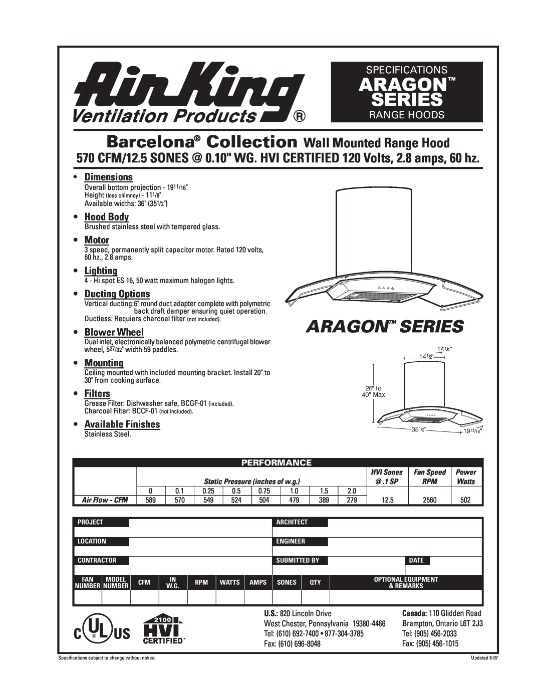 Air King ARAGON SERIES specifications Aragon Series, Barcelona Collection Wall Mounted Range Hood, Specifications, Motor 