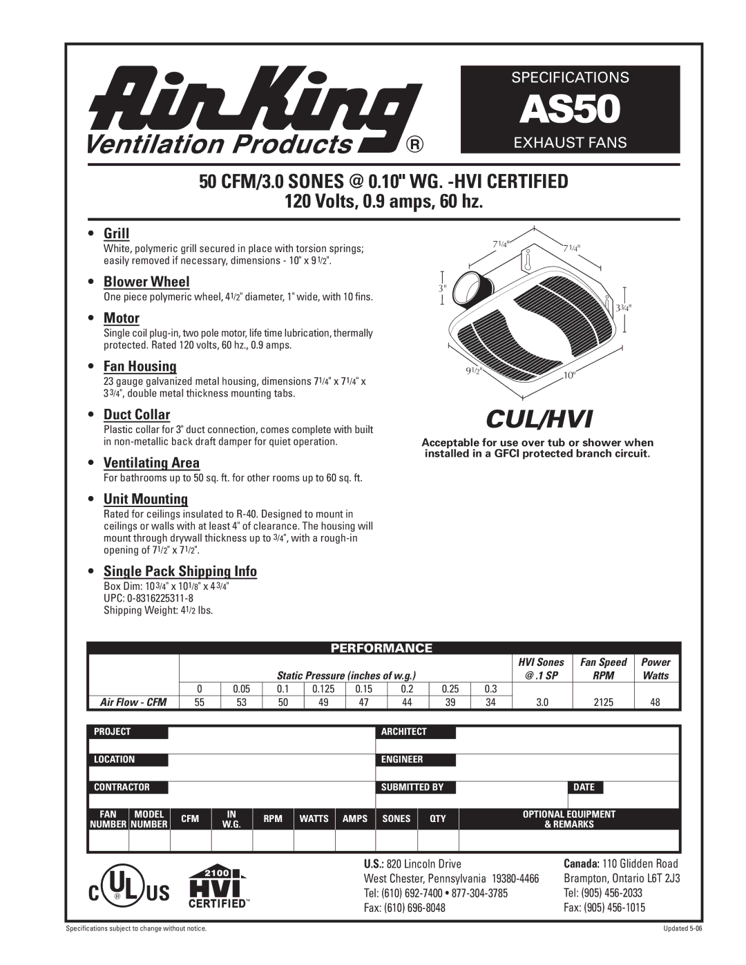 Air King AS50 specifications Grill, Blower Wheel, Motor, Fan Housing, Duct Collar, Ventilating Area, Unit Mounting 