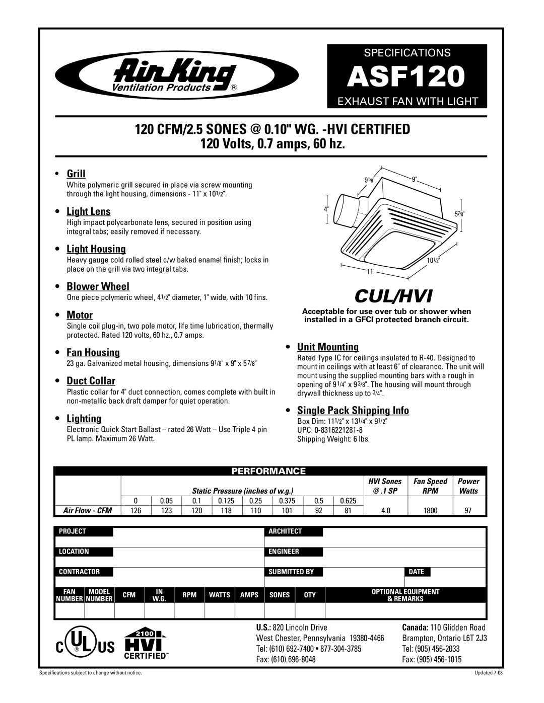 Air King ASF120 specifications Grill, Light Lens, Light Housing, Blower Wheel, Motor, Fan Housing, Duct Collar, Lighting 