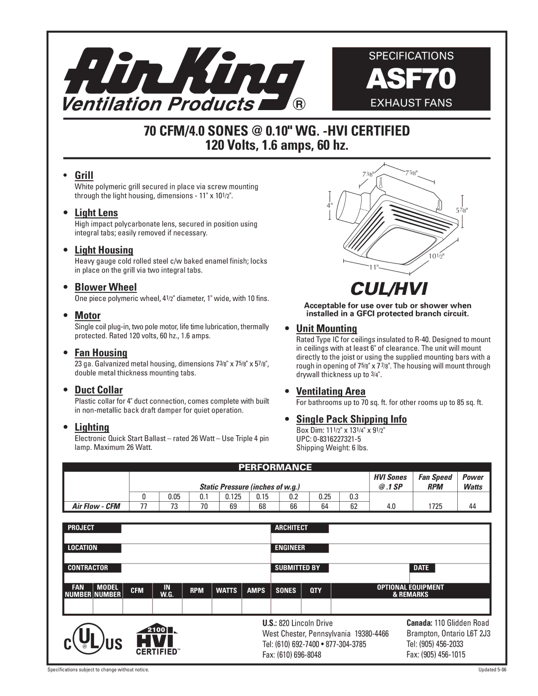 Air King ASF70 specifications Grill, Light Lens, Light Housing, Blower Wheel, Motor, Fan Housing, Unit Mounting, Lighting 