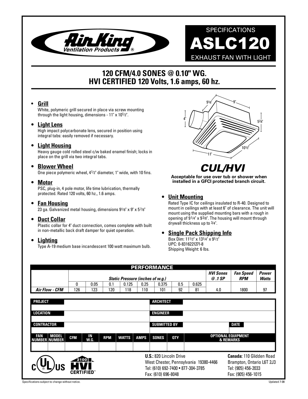 Air King ASLC120 specifications Grill, Light Lens, Light Housing, Blower Wheel, Motor, Fan Housing, Duct Collar, Lighting 