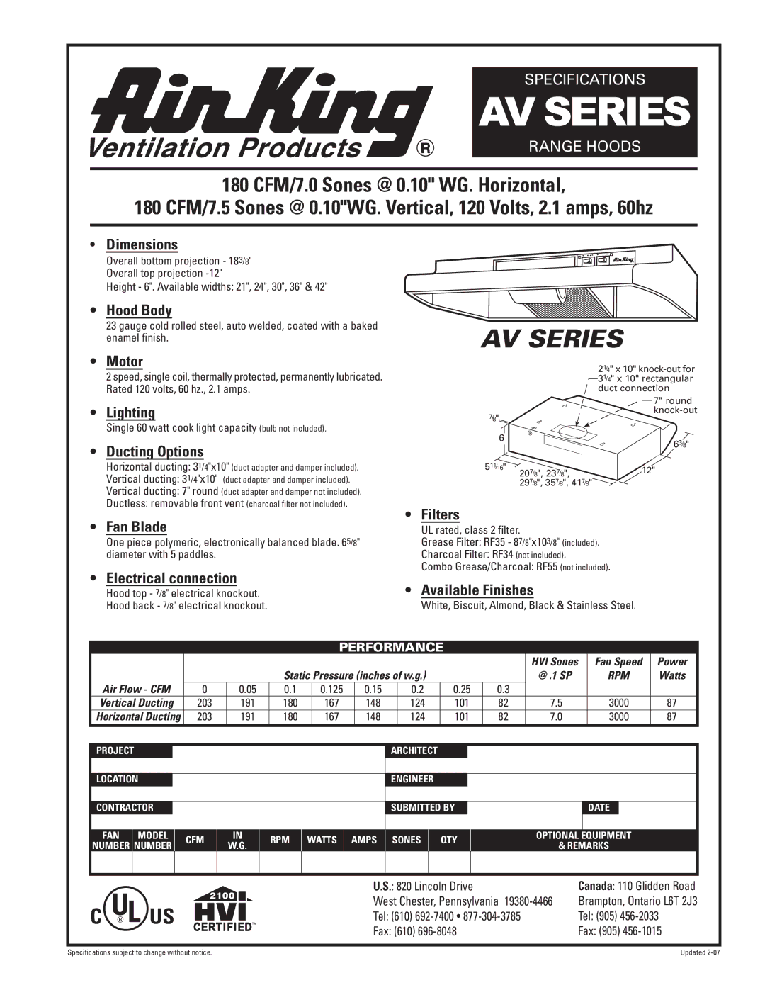 Air King AV Series specifications Dimensions, Hood Body, Motor, Lighting, Ducting Options, Fan Blade, Filters 