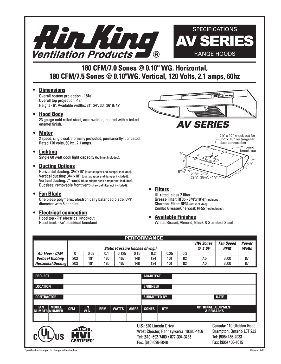 Air King AV Series specifications Av Series, 180 CFM/7.0 Sones @ 0.10 WG. Horizontal, Specifications, Range Hoods, Motor 