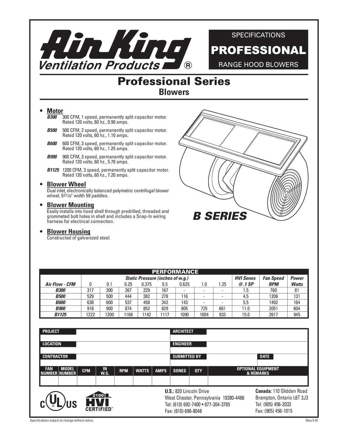 Air King B Series specifications Motor, Blower Wheel, Blower Mounting, Blower Housing 