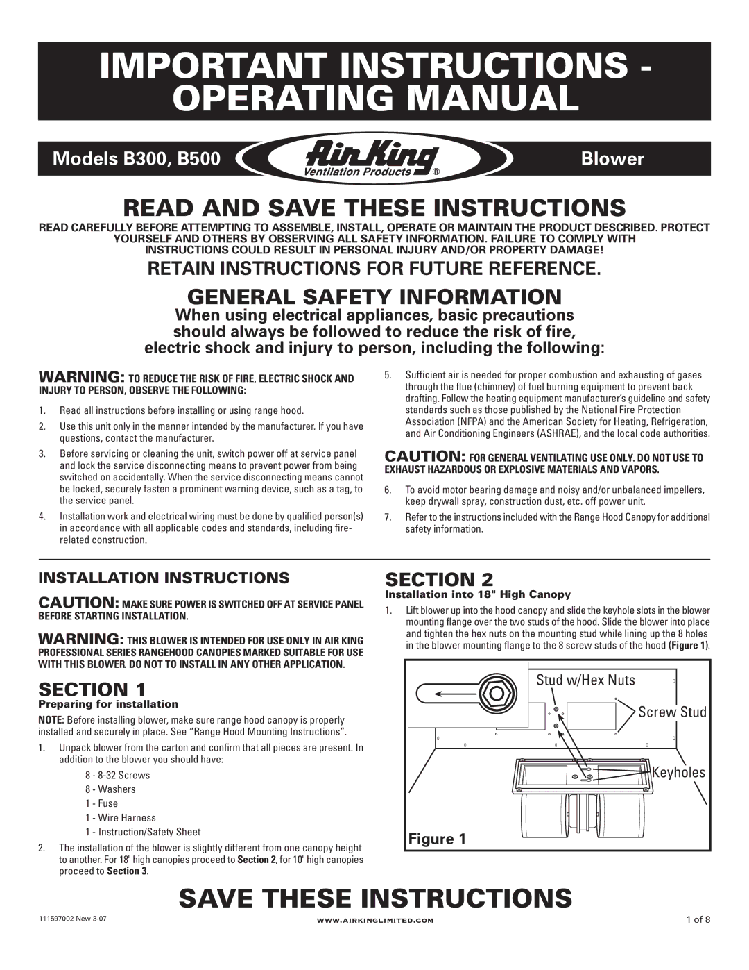 Air King B500 installation instructions Important Instructions Operating Manual, Read and Save These Instructions, Section 