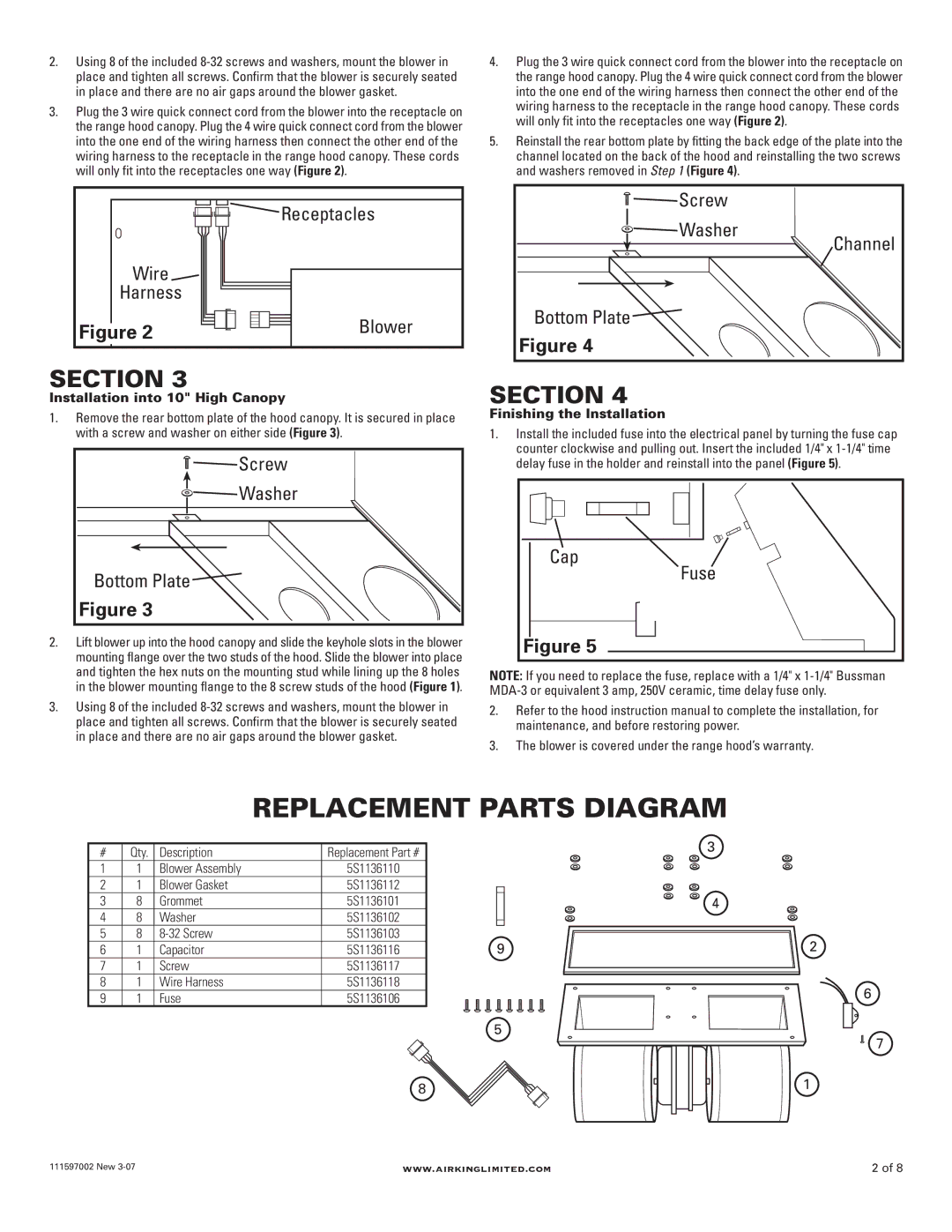 Air King B300, B500 Replacement Parts Diagram, Receptacles Screw Washer, Blower Bottom Plate, Washer Cap Bottom Plate Fuse 