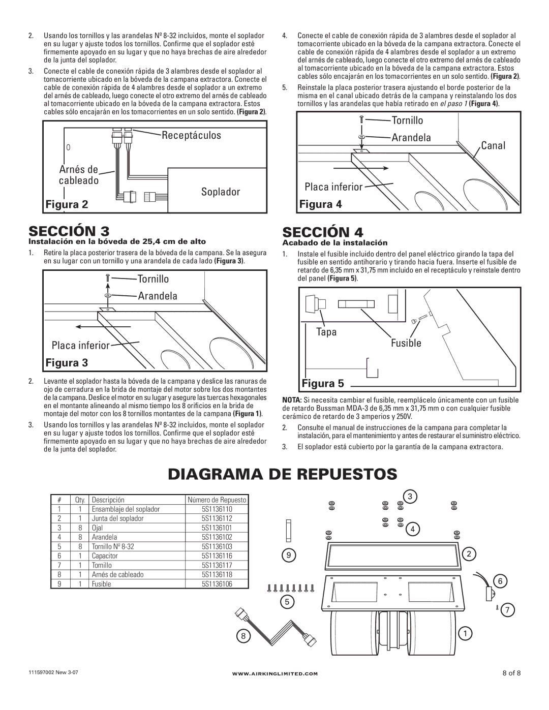 Air King B300, B500 installation instructions Diagrama DE Repuestos, Arandela Tapa Placa inferior Fusible 