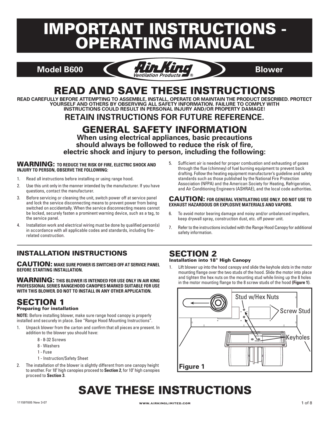 Air King B600 installation instructions Important Instructions Operating Manual, Read and Save These Instructions, Section 