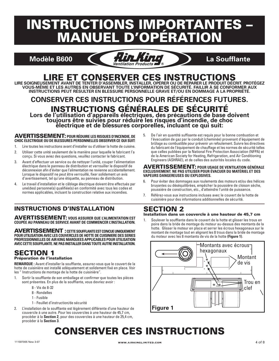 Air King B600 installation instructions Instructions Importantes Manuel D’OPÉRATION, Lire ET Conserver CES Instructions 