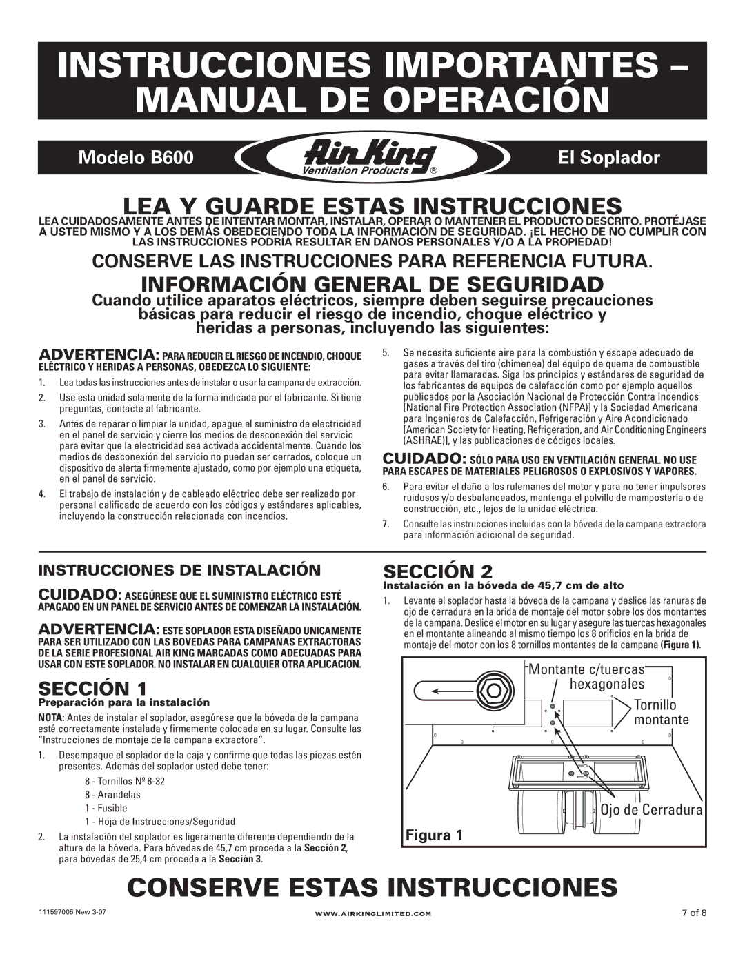 Air King B600 installation instructions Instrucciones Importantes Manual DE Operación, Conserve Estas Instrucciones 