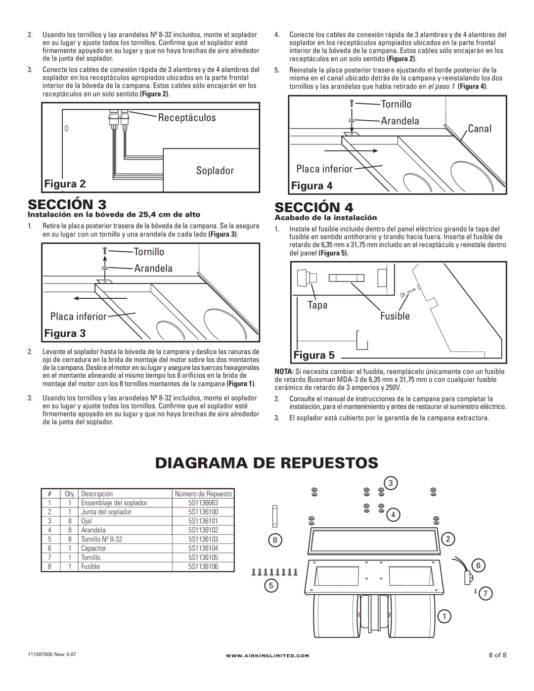 Air King B600 installation instructions Diagrama DE Repuestos, Receptáculos Arandela Canal Soplador Placa inferior 