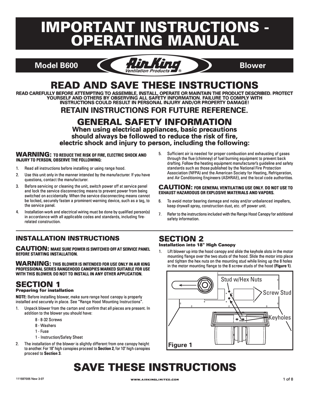 Air King installation instructions Important Instructions Operating Manual, Save These Instructions, Model B600, Blower 