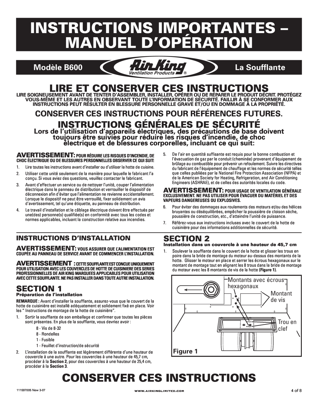 Air King Instructions Importantes - Manuel D’Opération, Conserver Ces Instructions, Modèle B600, La Soufflante, Section 