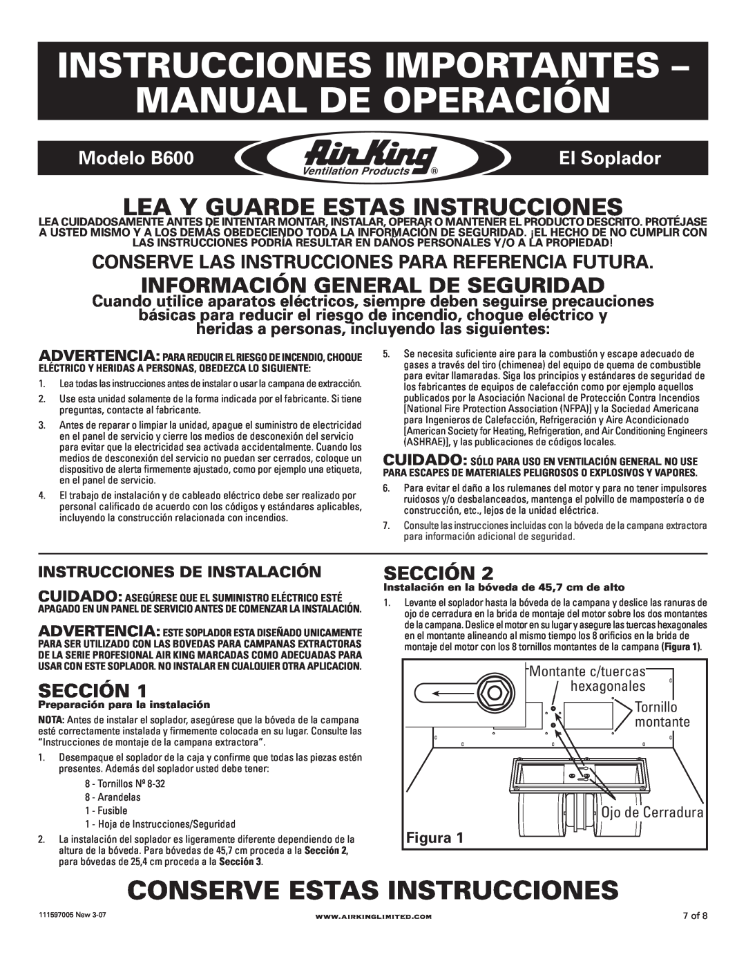 Air King Instrucciones Importantes - Manual De Operación, Conserve Estas Instrucciones, Modelo B600, El Soplador 
