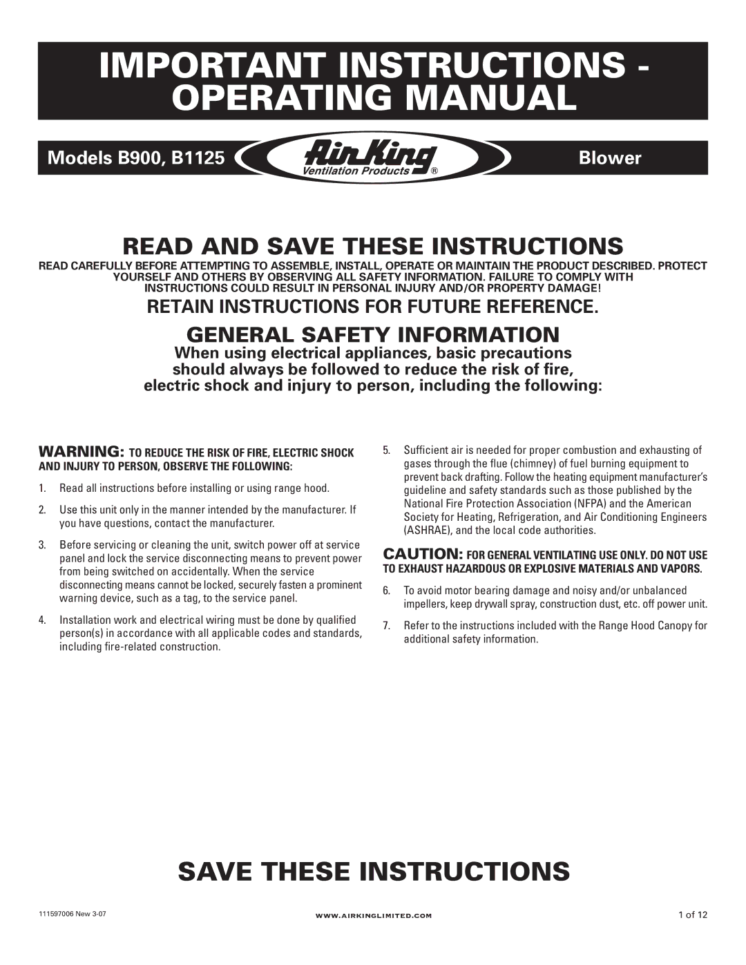 Air King B1125, B900 manual Important Instructions Operating Manual, Read and Save These Instructions 