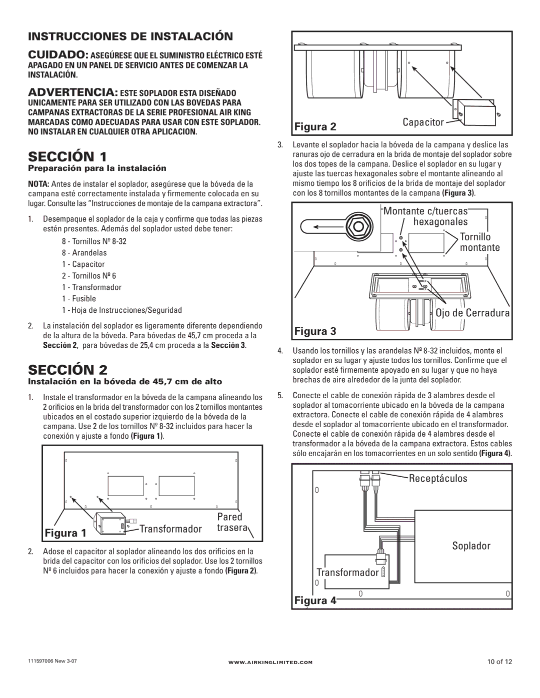 Air King B900, B1125 manual Pared, Transformador, Montante c/tuercas, Hexagonales, Tornillo, Receptáculos 