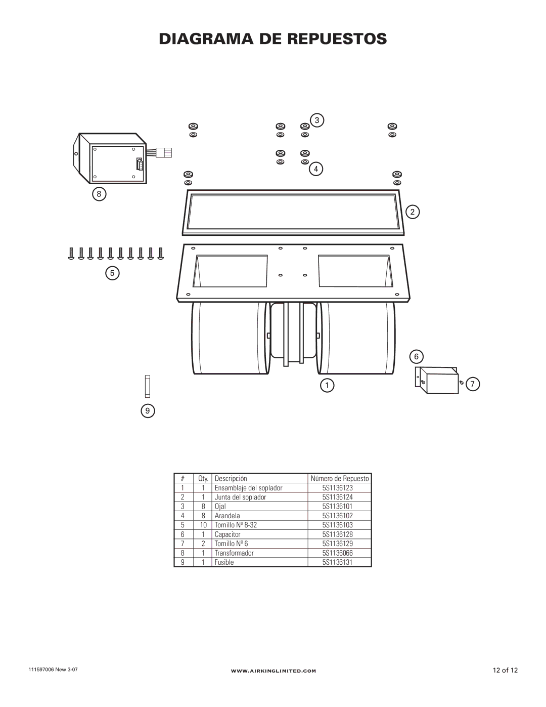 Air King B900, B1125 manual Diagrama DE Repuestos 