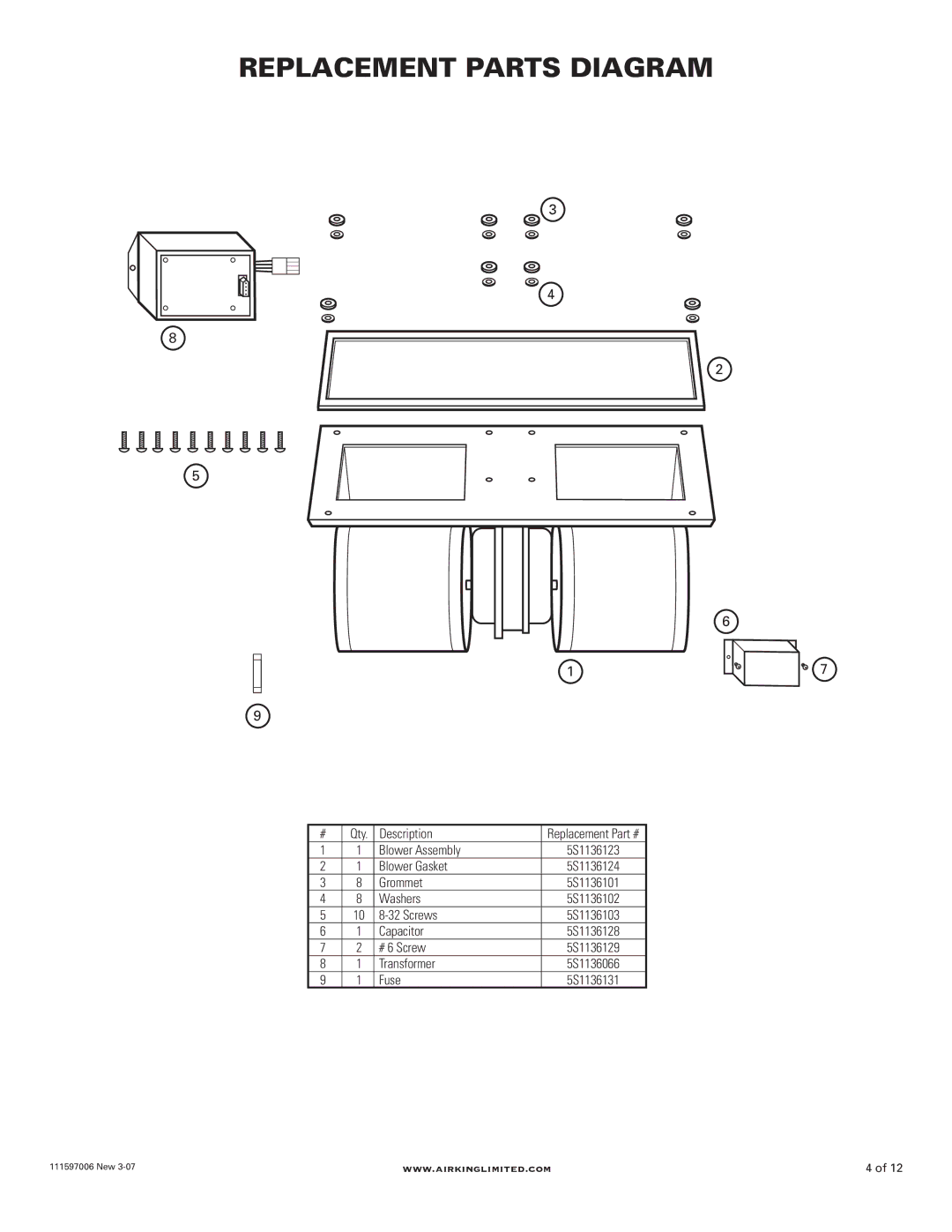 Air King B900, B1125 manual Replacement Parts Diagram 