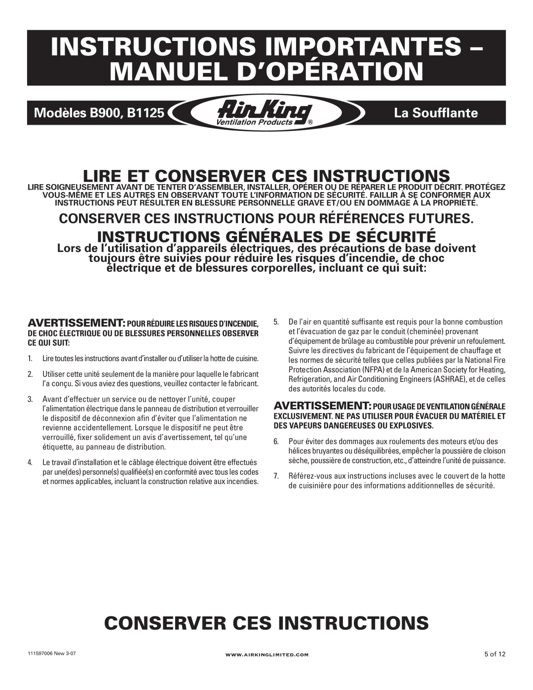 Air King B1125, B900 manual Instructions Importantes Manuel D’OPÉRATION, Lire ET Conserver CES Instructions 