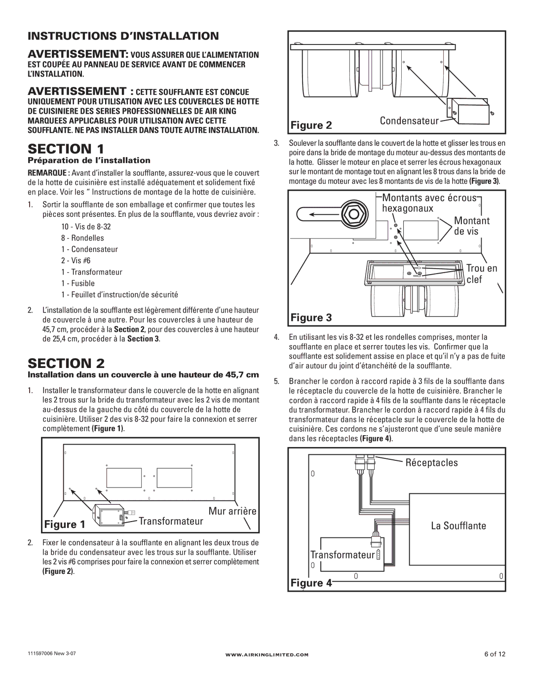 Air King B900, B1125 manual Transformateur, Montants avec écrous, Hexagonaux, De vis, Clef, Réceptacles 