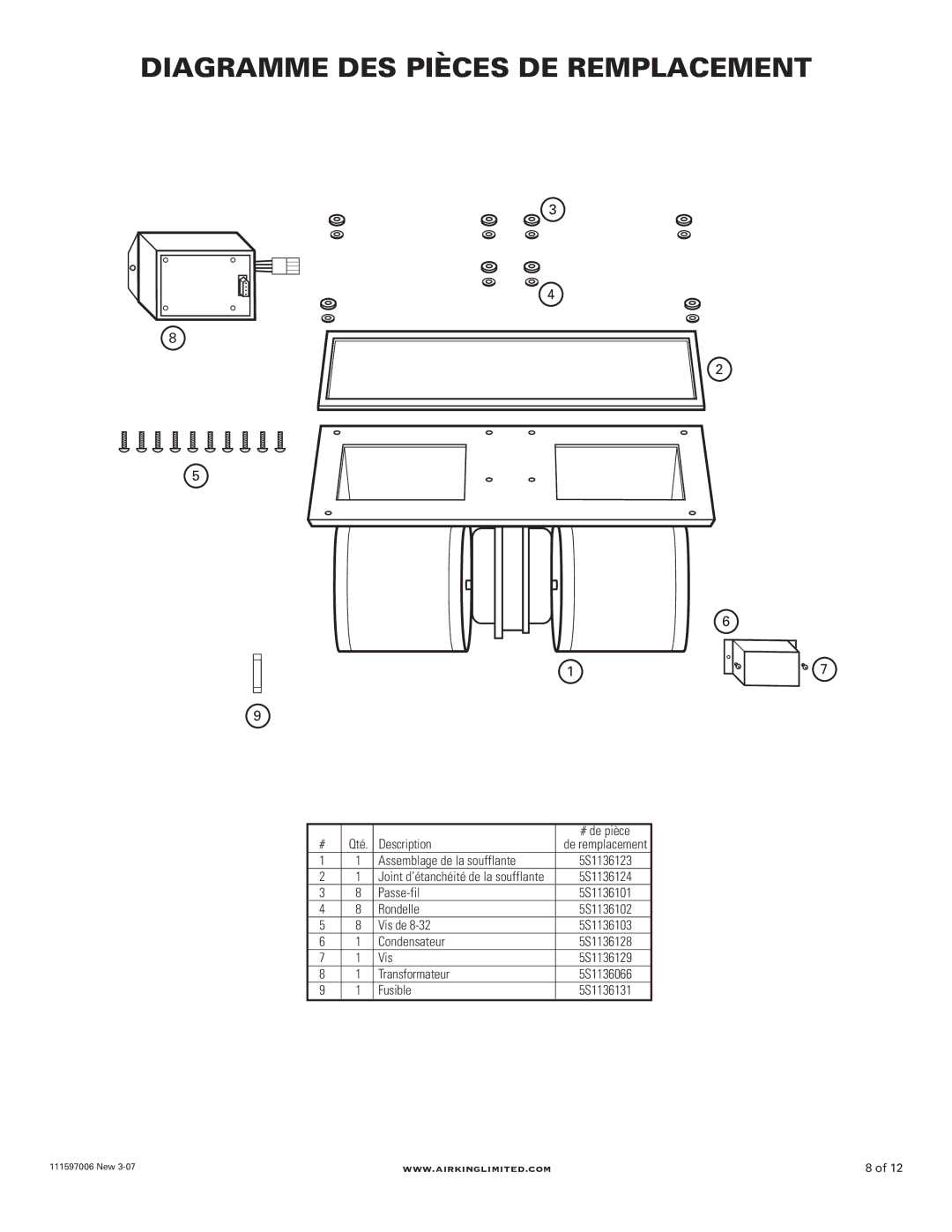 Air King B900, B1125 manual Diagramme DES Pièces DE Remplacement 