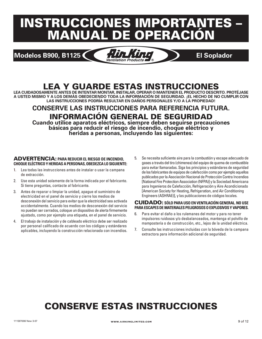 Air King B1125, B900 manual Instrucciones Importantes Manual DE Operación, LEA Y Guarde Estas Instrucciones 