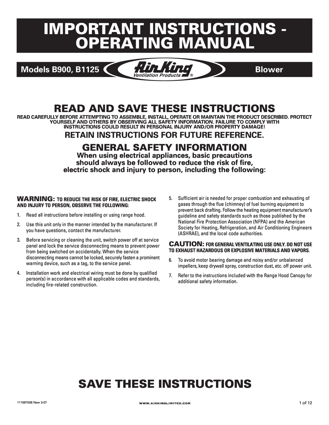 Air King manual Important Instructions Operating Manual, Read And Save These Instructions, Models B900, B1125 