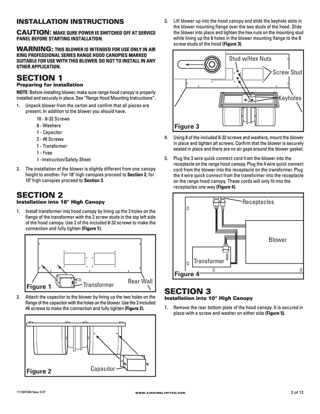 Air King B900 Section, Installation Instructions, Stud w/Hex Nuts, Transformer, Receptacles, Capacitor, Keyholes, Blower 